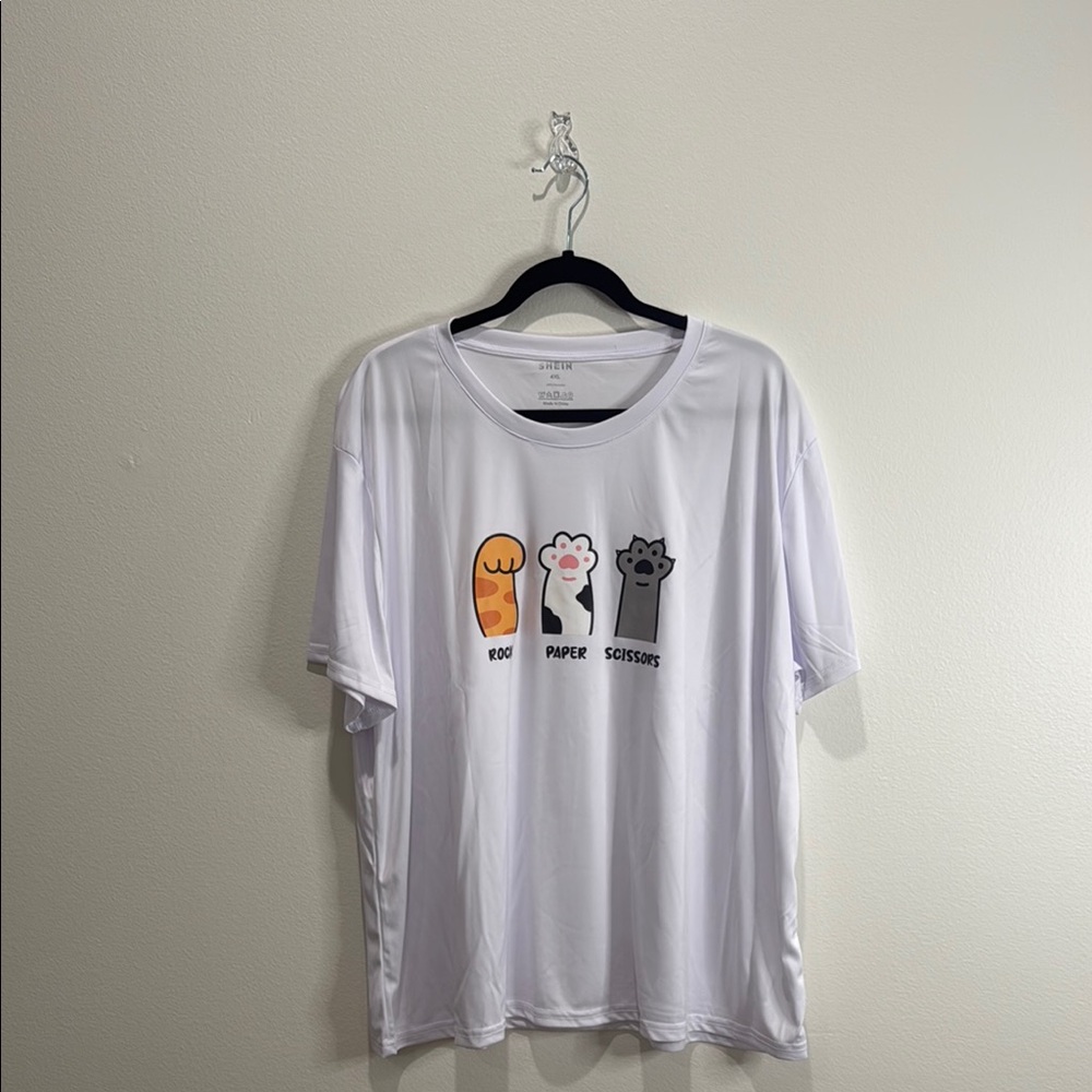 White Graphic T-Shirt with Cat Rock Paper Scissors Design